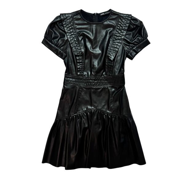 Zara Faux Leather Mini Dress Black Women's XS Ruffle Puff Flounce Hem Coquette - Picture 10 of 16